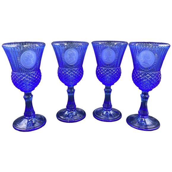 Fostoria Other - set 4 VTG Cobalt Blue Fostoria Cameo George/Martha Washington Wine Goblets